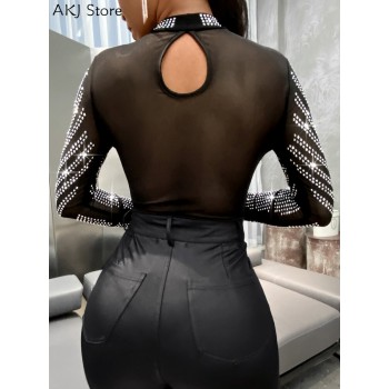 Women Sexy Shiny Bodysuit See Through Transparent Mesh Long Sleeve Sheer Rhinestone Bodysuits